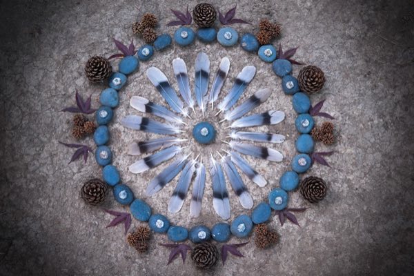 Altar made from blue jay feathers, blue stones, pine cones, and maple leaves